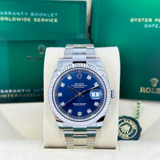Rolex Replica Watch, Datejust 41, Oystersteel and 18k White Gold, Bright Blue with Diamonds Dial, Oyster 126334-0015
