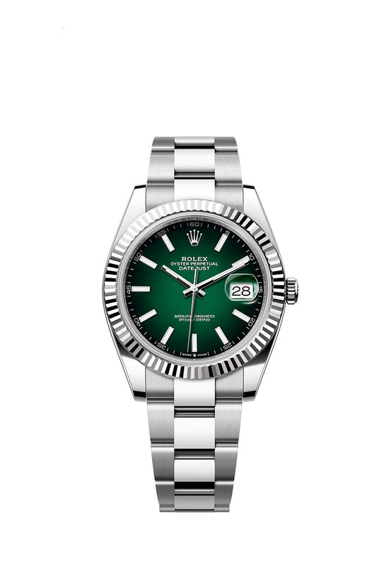 Rolex Replica Watch Datejust 41, Oystersteel and 18k White Gold, Green ombré dial, Fluted Oyster, 126334-0033