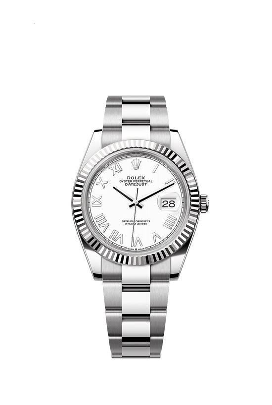 Rolex Replica Watch Datejust 41, Oystersteel and 18k White Gold, Intense white Roman dial, Fluted Oyster, 126334-0035