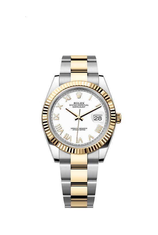 Rolex Replica Watch Datejust 41, Oystersteel and 18k Yellow Gold, Intense White Roman dial, Fluted Oyster, 126333-0025