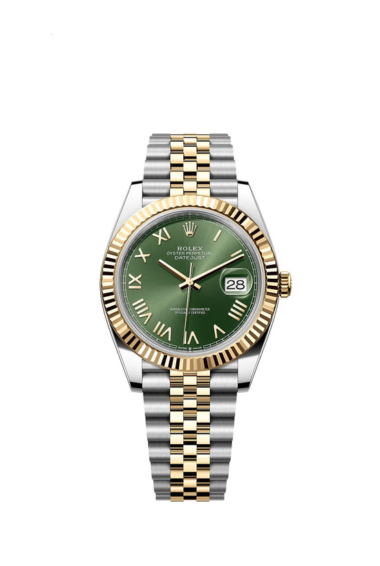 Rolex Replica Watch Datejust 41, Oystersteel and 18k Yellow Gold, Olive green Roman sunray dial, Fluted Jubilee, 126333-0024