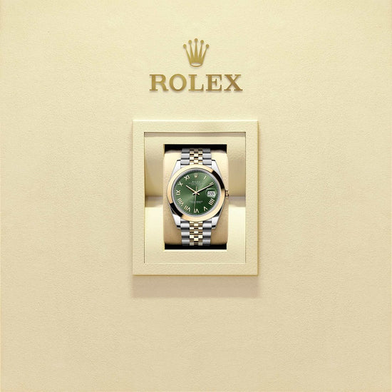 Rolex Replica Watch Datejust 41, Oystersteel and 18k Yellow Gold, Olive green Roman sunray dial, Smooth Jubilee, 126303-0024