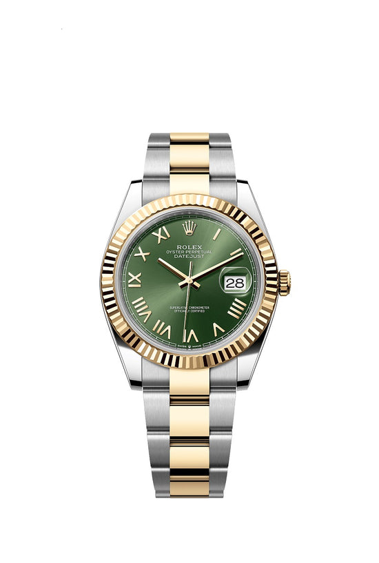 Rolex Replica Watch Datejust 41, Oystersteel and 18k Yellow Gold, Olive green sunray Roman dial, Fluted Oyster, 126333-0023