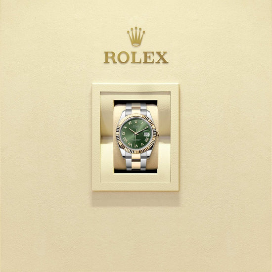 Rolex Replica Watch Datejust 41, Oystersteel and 18k Yellow Gold, Olive green sunray Roman dial, Fluted Oyster, 126333-0023