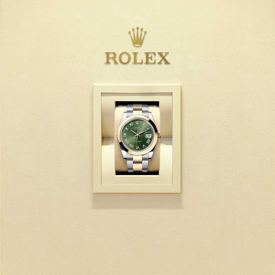 Rolex Replica Watch Datejust 41, Oystersteel and 18k Yellow Gold, Olive green sunray Roman dial, Smooth Oyster, 126303-0023