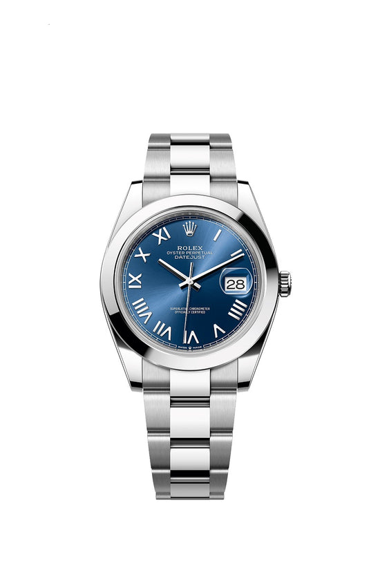 Rolex Replica Watch Datejust 41, Oystersteel, Bright blue sunray Roman dial, Smooth Oyster, 126300-0029