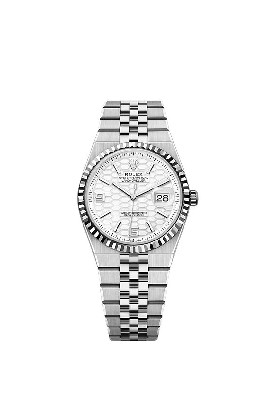 Rolex Replica Watch Land-Dweller 36, Oystersteel and 18k White Gold, Intense white dial, Fluted Flat Jubilee, 127234-0001