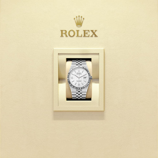 Rolex Replica Watch Land-Dweller 36, Oystersteel and 18k White Gold, Intense white dial, Fluted Flat Jubilee, 127234-0001