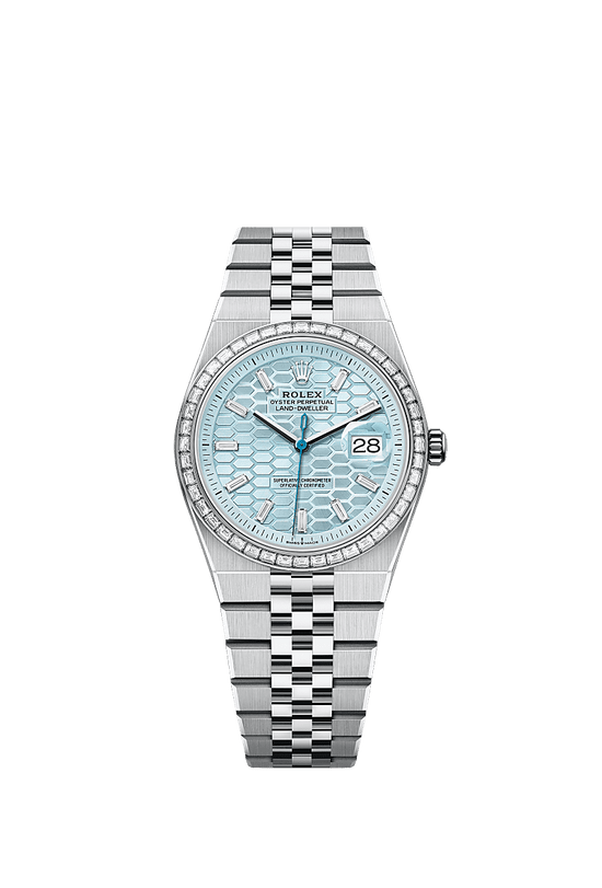 Rolex Replica Watch Land-Dweller 36, Platinum and Diamonds, Ice blue dial, Flat Jubilee, 127286tbr-0001