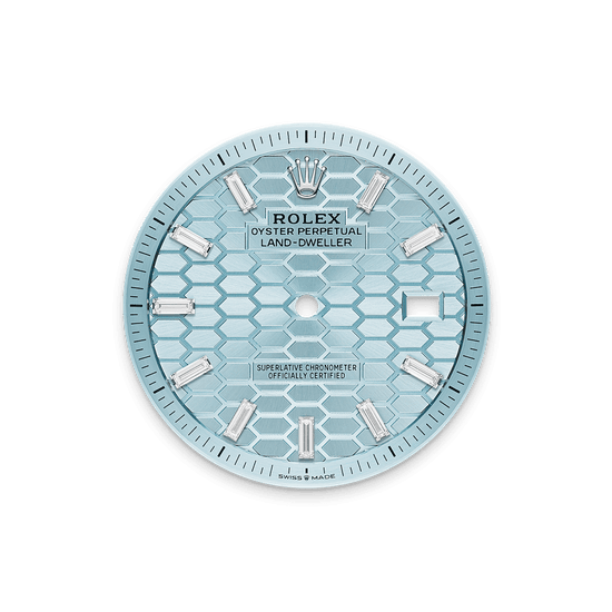 Rolex Replica Watch Land-Dweller 36, Platinum and Diamonds, Ice blue dial, Flat Jubilee, 127286tbr-0001