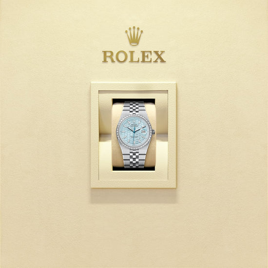 Rolex Replica Watch Land-Dweller 36, Platinum and Diamonds, Ice blue dial, Flat Jubilee, 127286tbr-0001