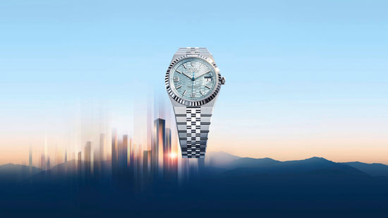 Rolex Replica Watch Land-Dweller 36, Platinum, Ice blue dial, Fluted Flat Jubilee, 127236-0001