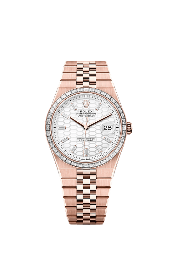 Rolex Replica Watch Land-Dweller 40, 18k Everose Gold and Diamonds, Intense white dial, Flat Jubilee, 127385tbr-0003