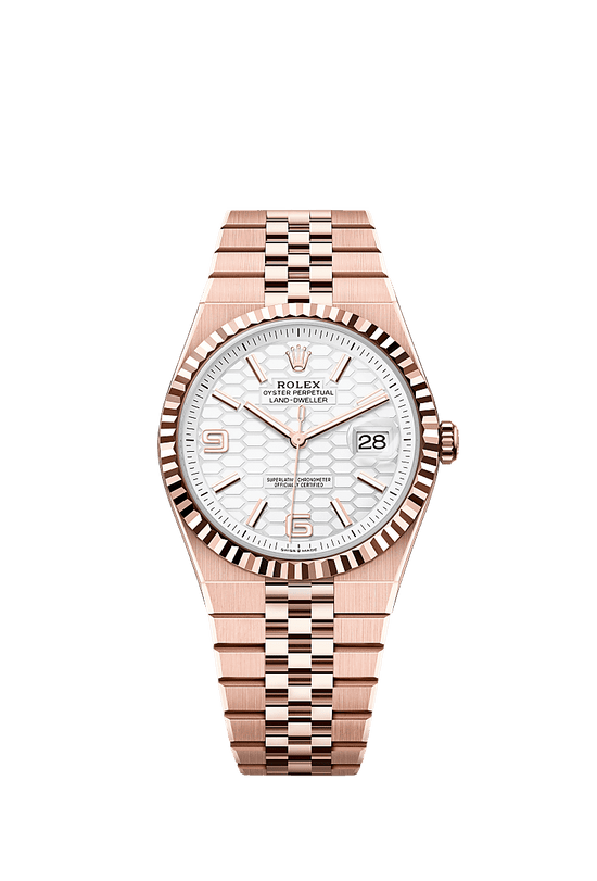 Rolex Replica Watch Land-Dweller 40, 18k Everose Gold, Intense white dial, Fluted Flat Jubilee, 127335-0001
