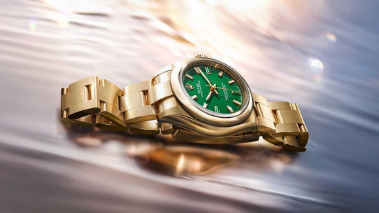 Rolex Replica Watch Oyster Perpetual 28, 18k Yellow Gold, 28mm, Green dial, Domed Oyster, 276208-0002