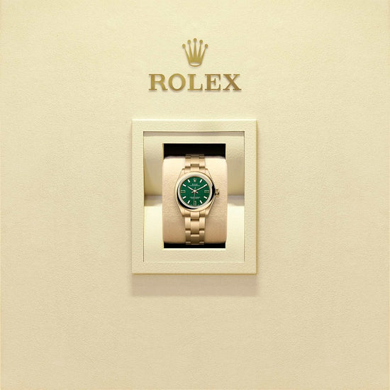 Rolex Replica Watch Oyster Perpetual 28, 18k Yellow Gold, 28mm, Green dial, Domed Oyster, 276208-0002