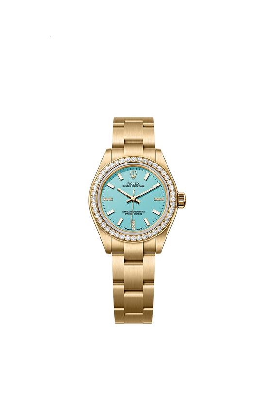 Rolex Replica Watch Oyster Perpetual 28, 18k Yellow Gold and Diamonds, 28mm, Turquoise blue dial, Oyster, 276248rbr-0001
