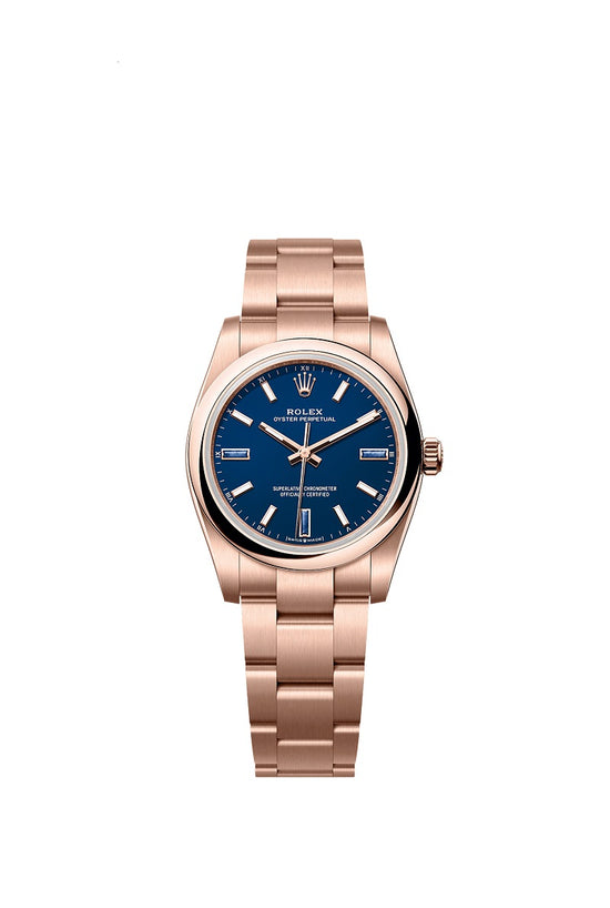 Rolex Replica Watch Oyster Perpetual 34, 18k Everose Gold, 34mm, Blue stone dial, Domed Oyster, 124205-0002