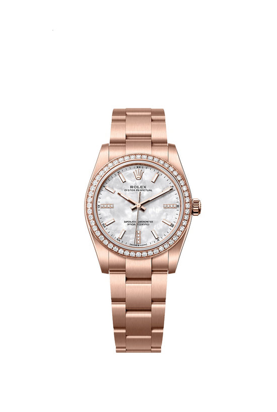 Rolex Replica Watch Oyster Perpetual 34, 18k Everose Gold and Diamonds, 34mm, White Mother-of-Pearl dial, Oyster, 124245rbr-0002