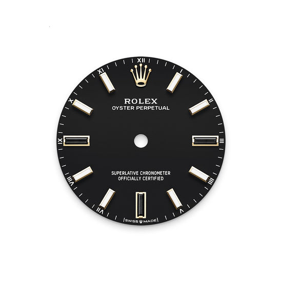 Rolex Replica Watch Oyster Perpetual 34, 18k Yellow Gold, 34mm, Black dial, Domed Oyster, 124208-0001