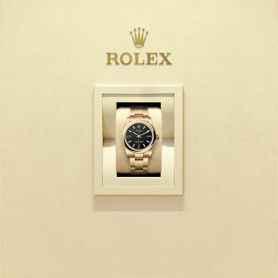 Rolex Replica Watch Oyster Perpetual 34, 18k Yellow Gold, 34mm, Black dial, Domed Oyster, 124208-0001