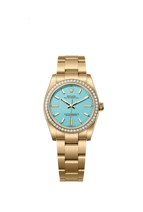 Rolex Replica Watch Oyster Perpetual 34, 18k Yellow Gold and Diamonds, 34mm, Turquoise Blue dial, Oyster, 124248rbr-0002