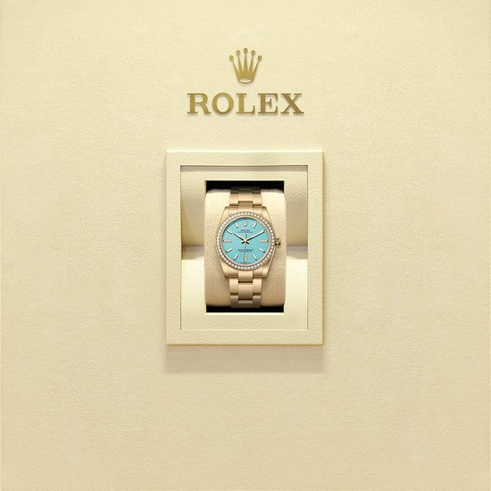 Rolex Replica Watch Oyster Perpetual 34, 18k Yellow Gold and Diamonds, 34mm, Turquoise Blue dial, Oyster, 124248rbr-0002