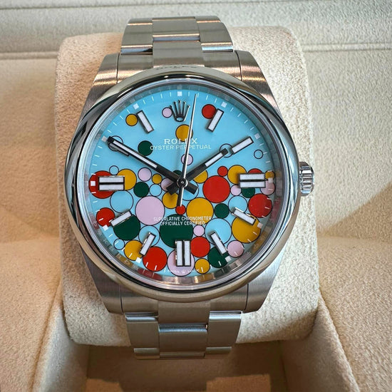 Rolex Replica Watch Oyster Perpetual 41, Oystersteel, 41mm, Turquoise Celebration Motif Dial, 124300-0008