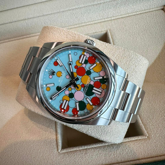 Rolex Replica Watch Oyster Perpetual 41, Oystersteel, 41mm, Turquoise Celebration Motif Dial, 124300-0008