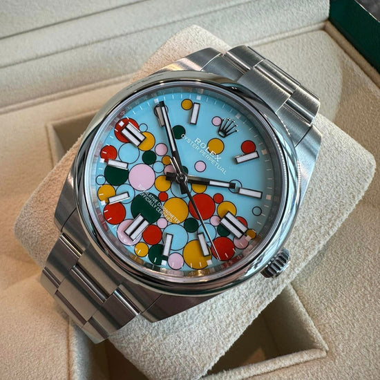 Rolex Replica Watch Oyster Perpetual 41, Oystersteel, 41mm, Turquoise Celebration Motif Dial, 124300-0008