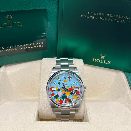 Rolex Replica Watch Oyster Perpetual 41, Oystersteel, 41mm, Turquoise Celebration Motif Dial, 124300-0008
