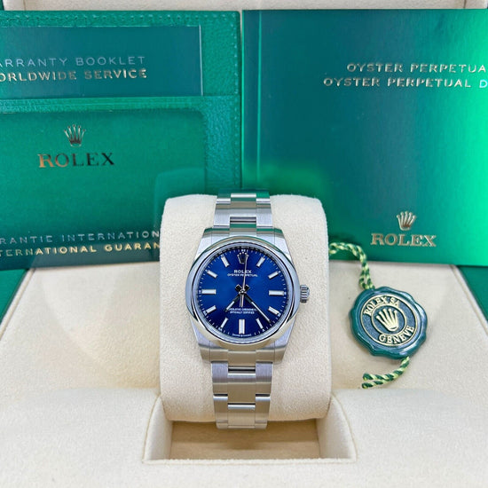 Rolex Replica Watch Oyster Perpetual No Date, Stainless Steel, 34mm, Bright blue, Oyster, 124200-0003