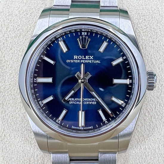 Rolex Replica Watch Oyster Perpetual No Date, Stainless Steel, 34mm, Bright blue, Oyster, 124200-0003