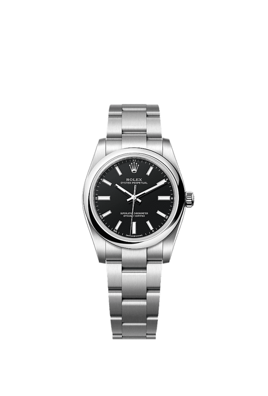 Rolex Replica Watch Oyster Perpetual, Oystersteel, 34mm, Black dial, Domed Oyster, 124200-0010