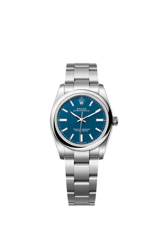 Rolex Replica Watch Oyster Perpetual, Oystersteel, 34mm, Blue dial, Domed Oyster, 124200-0011