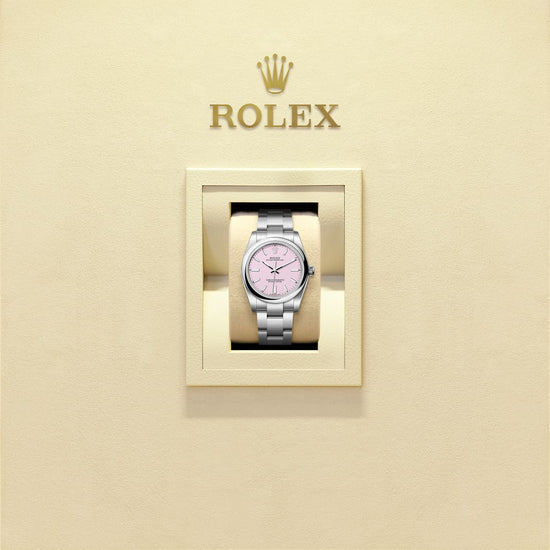 Rolex Replica Watch Oyster Perpetual, Oystersteel, 34mm, Candy pink dial, Domed Oyster, 124200-0009