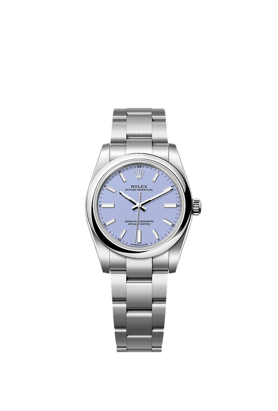 Rolex Replica Watch Oyster Perpetual, Oystersteel, 34mm, Lavender dial, Domed Oyster, 124200-0008