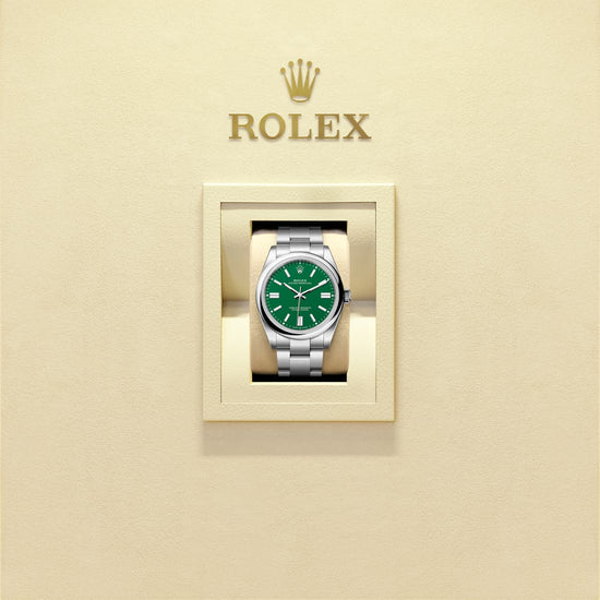Rolex Replica Watch Oyster Perpetual, Oystersteel 41mm, Green dial, Domed Oyster, 134300-0004