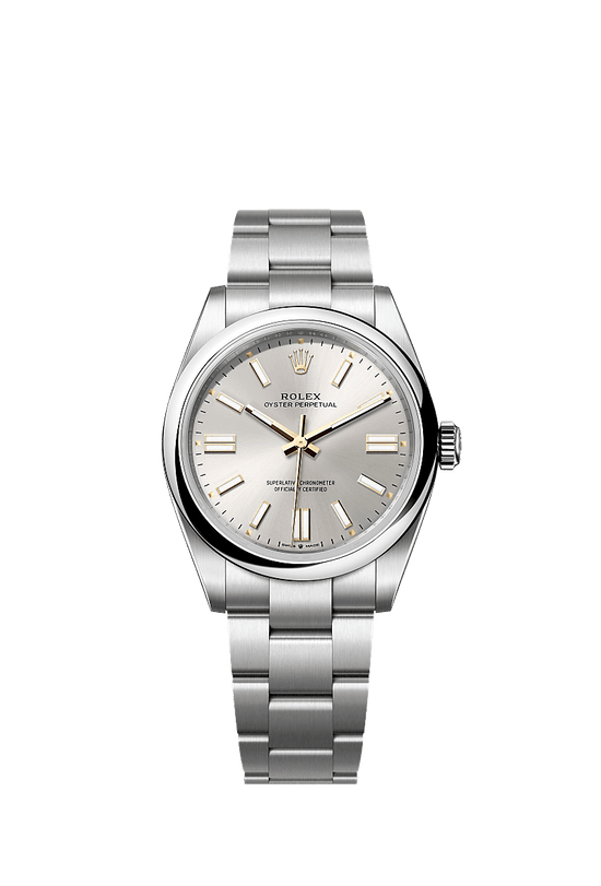 Rolex Replica Watch Oyster Perpetual, Oystersteel 41mm, Silver dial, Domed Oyster, 134300-0001