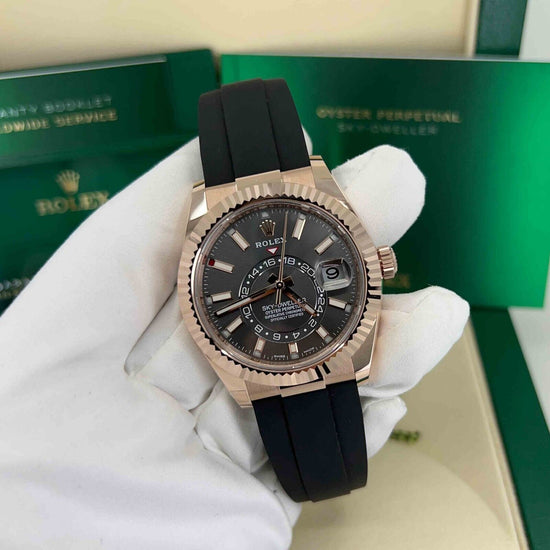 Rolex Replica Watch Sky-Dweller, 42mm, 18k Everose Gold, Oysterflex, Rhodium, 326235-0006