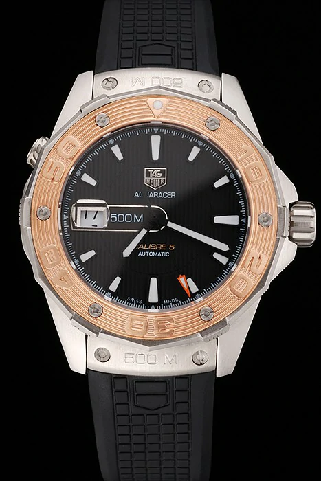Tag Heuer Aquaracer Calibre 5 Black Dial Gold Bezel Stainless Steel Case Black Rubber Strap new122158