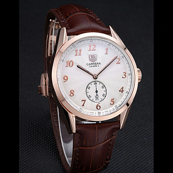 Tag Heuer Carerra Calibre 6 White Dial Red Numbers Brown Leather Band new60059