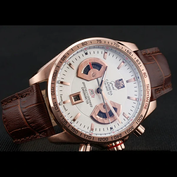 Tag Heuer Carrera Rose Gold Case White Dial Brown Leather Strap new58753