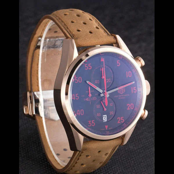 Tag Heuer Carrera SpaceX Rose Gold Bezel with Black Dial and Light Brown Leather Strap new59625