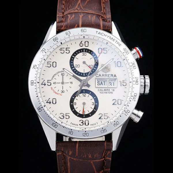 Tag Heuer Carrera Tachymeter Bezel Dark Brown Leather Strap White Dial new58077