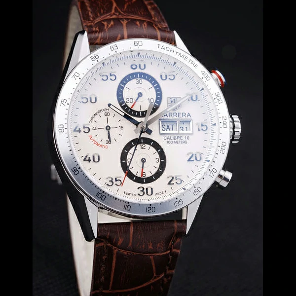 Tag Heuer Carrera Tachymeter Bezel Dark Brown Leather Strap White Dial new58077