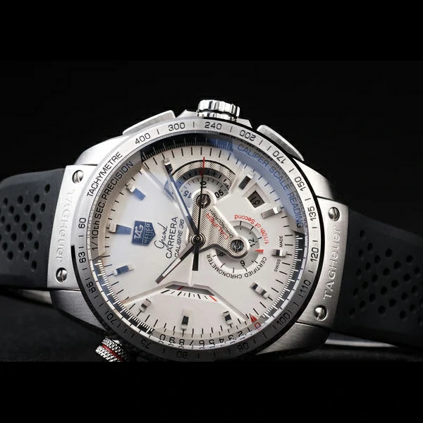 Tag Heuer Carrera Tachymeter Bezel Perforated Black Rubber Strap White Dial new58078