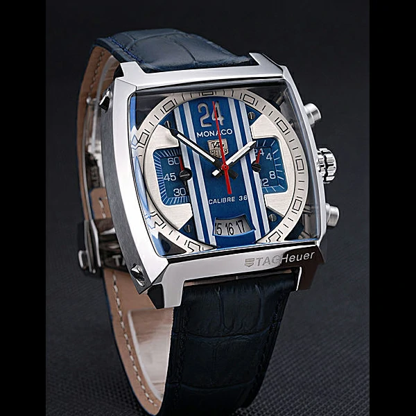Tag Heuer Monaco 24 Calibre 36 Chronograph Blue And Grey Stripes Dial Blue Leather Strap new60169