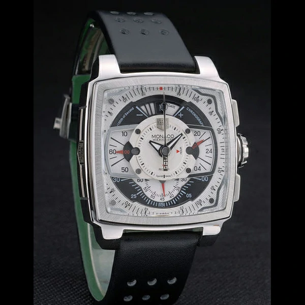 Tag Heuer Monaco Black Green Perforated Leather Strap White Dial new59251