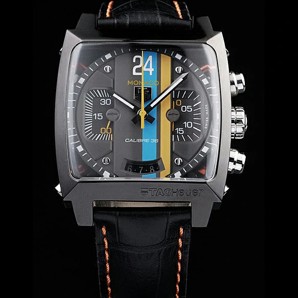 Tag Heuer Monaco Black Leather Strap Blue Yellow Striped Black Dial new58075
